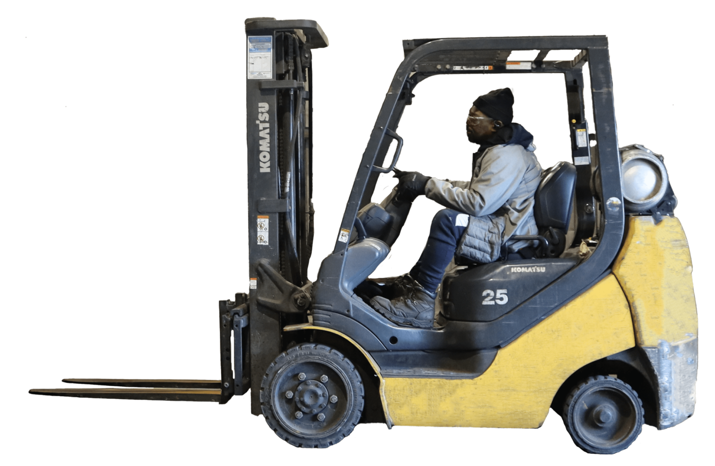 Plastic container expert, operating a lift to move items around Extera's North Carolina warehouse, demonstrating efficient logistics management.