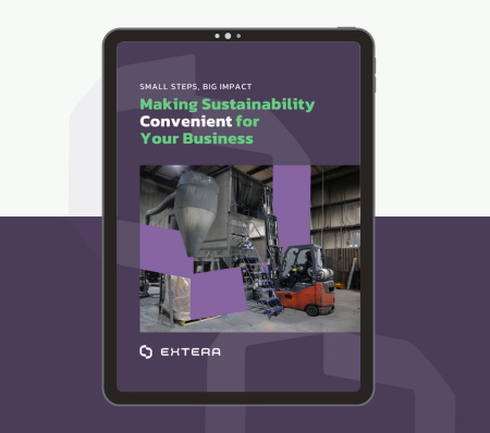 Tablet screen displaying an Extera guide titled 'Small Steps, Big Impact: Making Sustainability Convenient for Your Business,' featuring an industrial facility image promoting sustainable practices and sustainability in business operations.