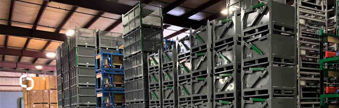 Stacked metal containers demonstrating their durability and efficiency for industrial and commercial applications.