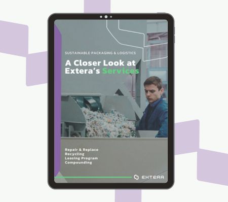 Digital cover of a downloadable guide on supply chain optimization and container services, titled 'A Closer Look at Extera’s Services.' The cover features a worker operating recycling equipment, emphasizing sustainable packaging and logistics solutions. Key services highlighted include repair & replace, recycling, leasing programs, and compounding, reinforcing efficient container management.