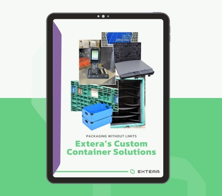 Tablet screen displaying Extera’s marketing graphic featuring various reusable packaging solutions, emphasizing container modifications and custom container designs built to fit unique supply chain needs.