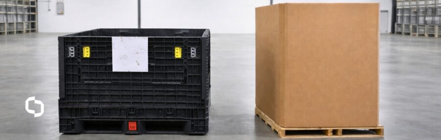 Side-by-side comparison of a reusable plastic bulk container and a cardboard gaylord box on a pallet, highlighting durability differences in warehouse storage solutions.