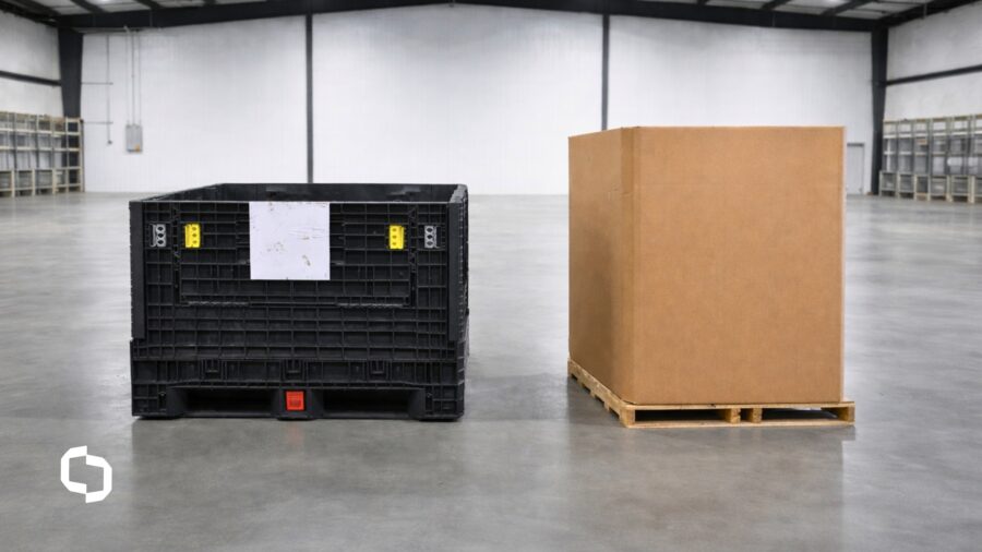 Side-by-side comparison of a reusable plastic bulk container and a cardboard gaylord box on a pallet, highlighting durability differences in warehouse storage solutions.