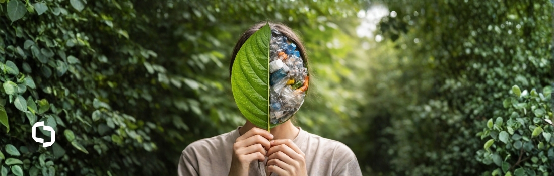 Person holding a large green leaf over half their face, with the other half covered in plastic waste—symbolizing the hidden impact of greenwashing on sustainability.
