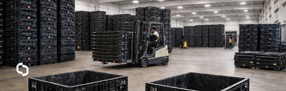Forklift moving reusable plastic bulk containers in a warehouse, illustrating efficient material handling, warehouse consulting services, and supply chain consulting.