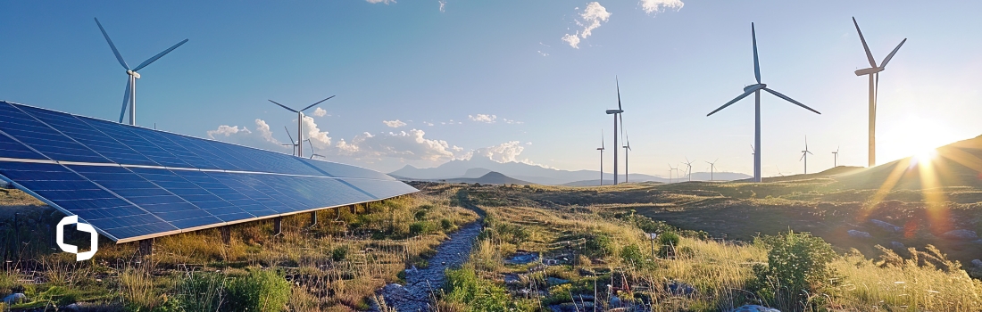 Solar panels and wind turbines generating renewable energy at sunrise, illustrating the environmental impact of AI, AI energy consumption, AI water usage, and concerns about how much energy AI uses.