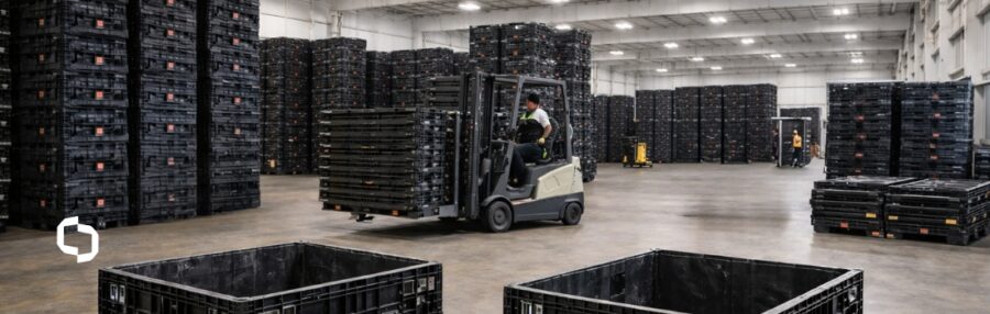 Forklift moving reusable plastic bulk containers in a warehouse, illustrating efficient material handling, warehouse consulting services, and supply chain consulting.