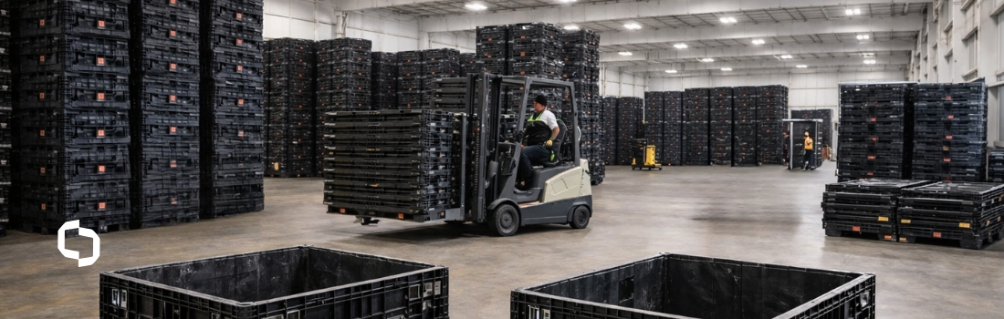 Forklift moving reusable plastic bulk containers in a warehouse, illustrating efficient material handling, warehouse consulting services, and supply chain consulting.