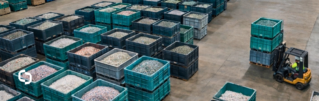 Aerial view of a warehouse floor filled with rows of reusable plastic containers holding sorted materials, with a forklift operator managing inventory — illustrating plastics industry supply chain operations.