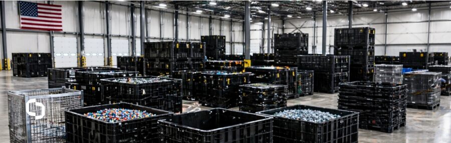 Large warehouse filled with black plastic bulk containers holding colorful plastic pellets, supporting American-made plastics supply chain resilience