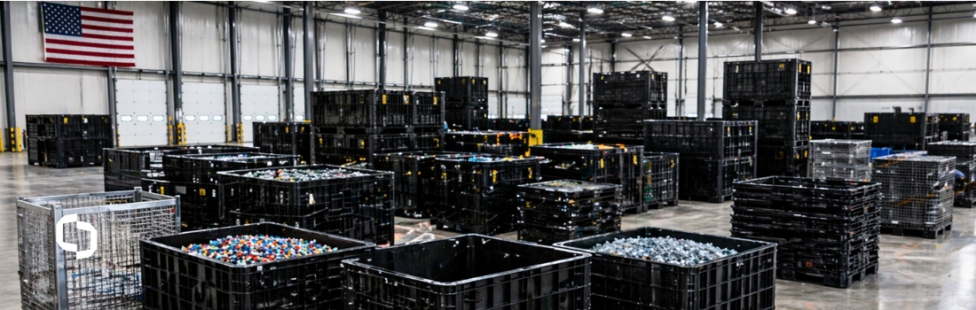 Large warehouse filled with black plastic bulk containers holding colorful plastic pellets, supporting American-made plastics supply chain resilience