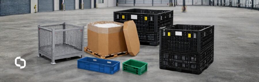 Assortment of industrial containers in a warehouse, including a metal bulk container, Gaylord box on a pallet, large black stackable containers, and handheld containers in blue and green.
