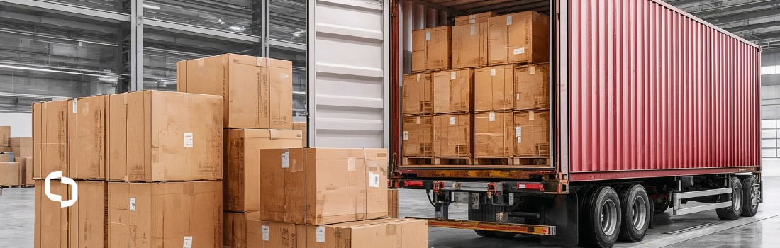 Cardboard boxes stacked outside an open shipping container in a warehouse, highlighting packaging failure and broken pallet risks in transit