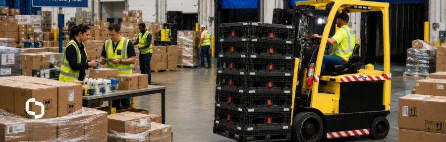 Warehouse workers review packaging supplies near pallets and a forklift transporting stacked containers, standards a reliable packaging supplier delivers.