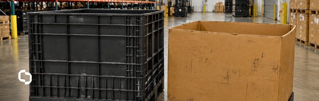 Black reusable plastic container next to a brown disposable cardboard box in a warehouse, comparing plastic containers vs disposable containers for shipping and storage.
