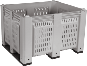 Vented gray agriculture container shown from the side, with slotted walls for ventilation and a reinforced rim for stacking crop loads.