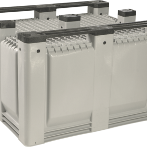 Gray Longside agriculture container tilted open atop a stacked unit, revealing the nesting grid and corner posts for secure stacking.