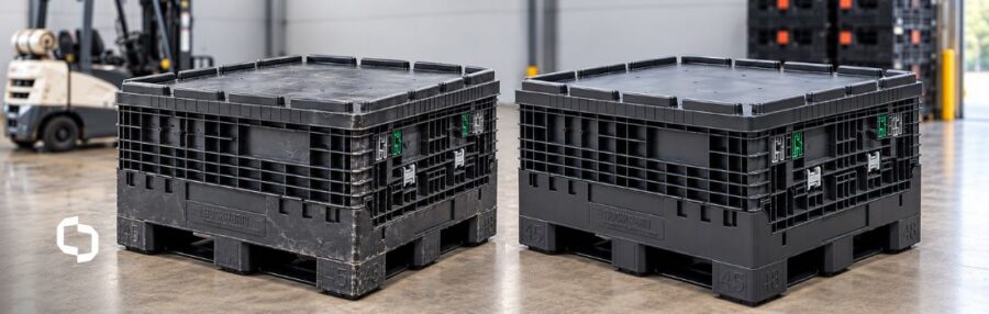 Two black reusable bulk containers, one visibly worn and one newer, sit side by side in a warehouse near a forklift and pallet stacks.